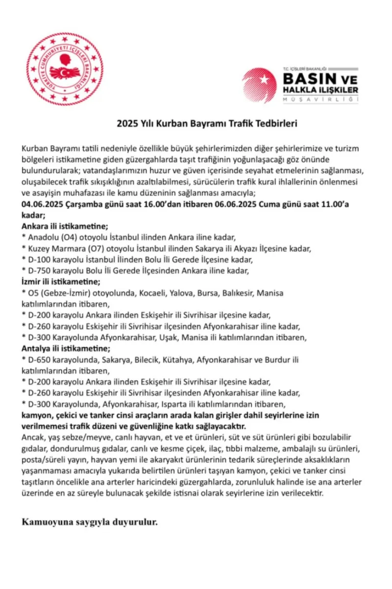 Kamyon ve tankerlere kısıtlama başladı! 6 Haziran’a kadar sürecek