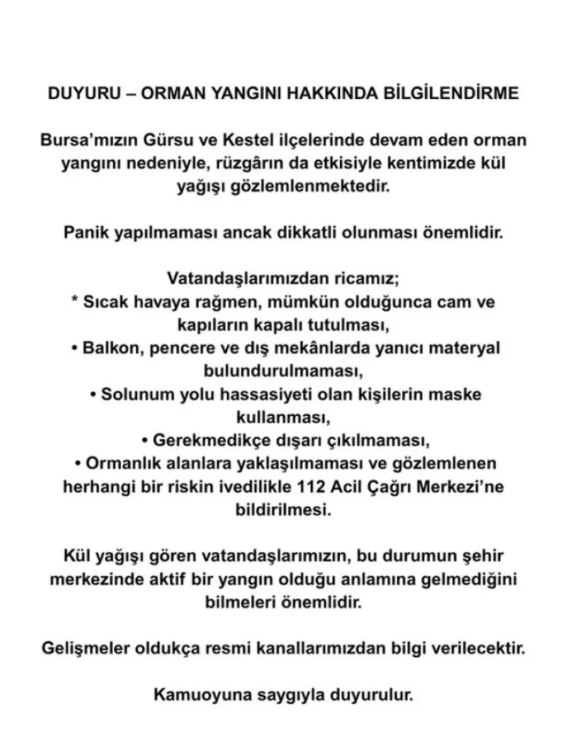 Bursa Büyükşehir’den ‘kül yağışı’ uyarısı!
