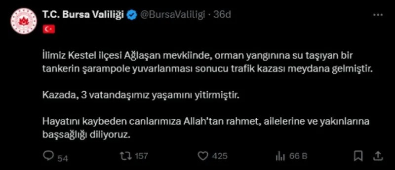 Bursa Kestel’de yangına su taşıyan tanker devrildi: 3 ölü