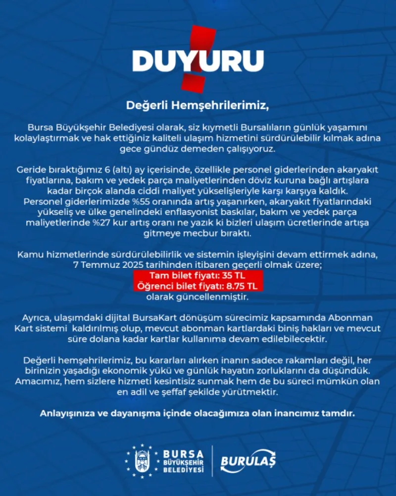 Bursa’da ulaşıma zam! Abonman kart sistemi de kaldırıldı!
