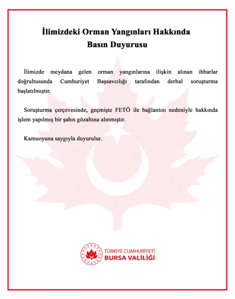 Harmancık yangınının şüphelisi FETÖ bağlantılı çıktı!