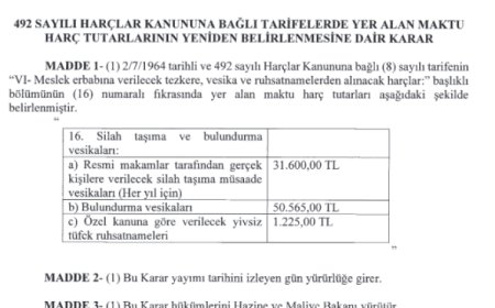 Silah taşıma ile ilgili maktu harç tutarları arttı