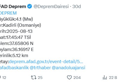 Osmaniye’de 4,1 büyüklüğünde deprem!