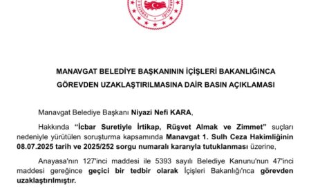 Manavgat’ta tutuklanan başkan görevden uzaklaştırıldı