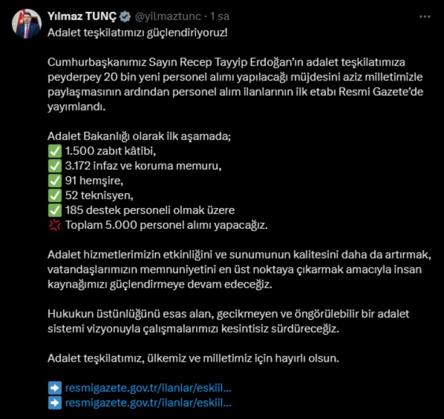 Adalet’e 5 bin yeni personel alınacak