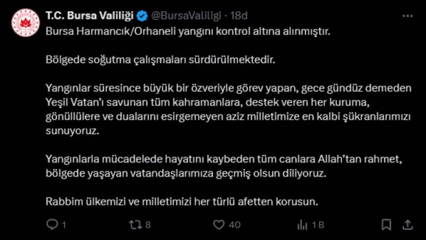 Bursa Valiliği’nden yangınlarla mücadeleye teşekkür