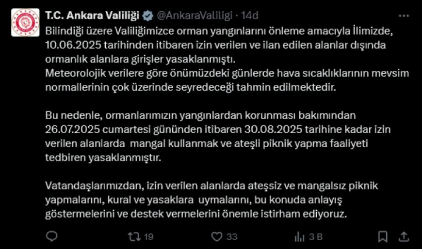 Ankara’da orman önlemi! Mangal ve piknik yasağı 30 Ağustos’a uzadı