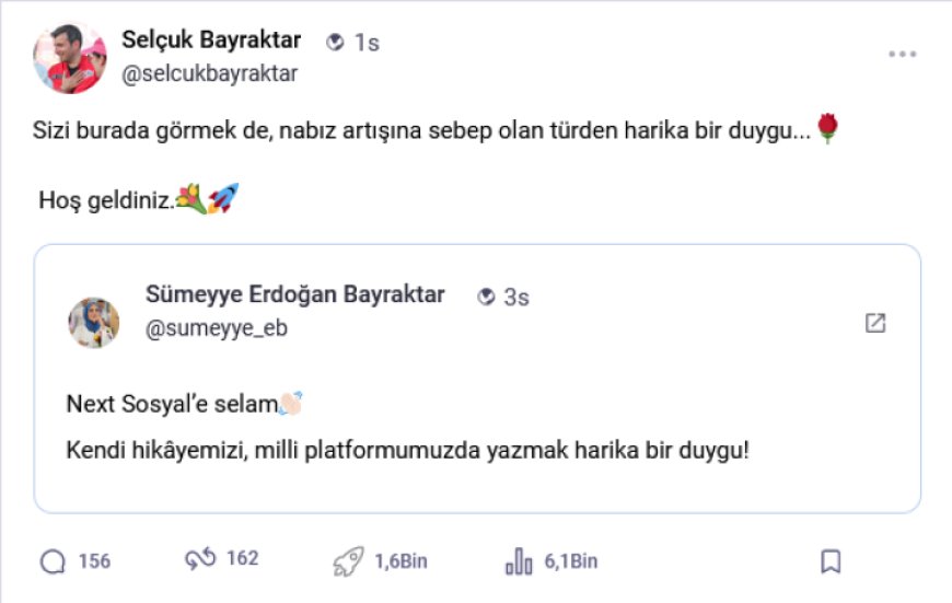 Sümeyye Erdoğan Bayraktar Next Sosyal’e katıldı, eşinden ‘hoşgeldin’ yanıtı geldi