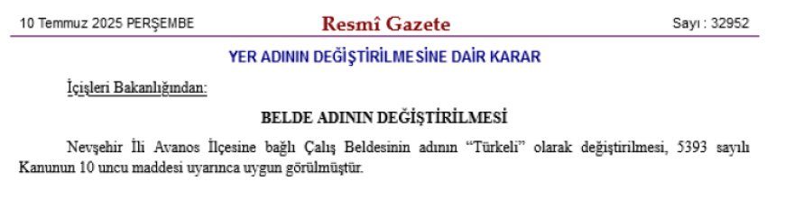 Nevşehir ‘Çalış’ın adı ‘Türkeli’ oldu