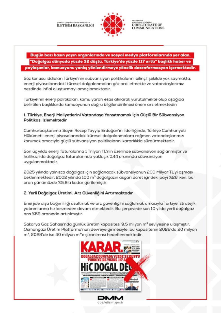 İletişim’den ‘doğalgaz fiyatları’ iddialarına yalanlama