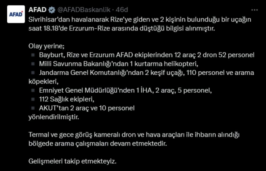 Erzurum-Rize arasında uçak kazası! AFAD: Arama çalışmaları yoğunlaştı