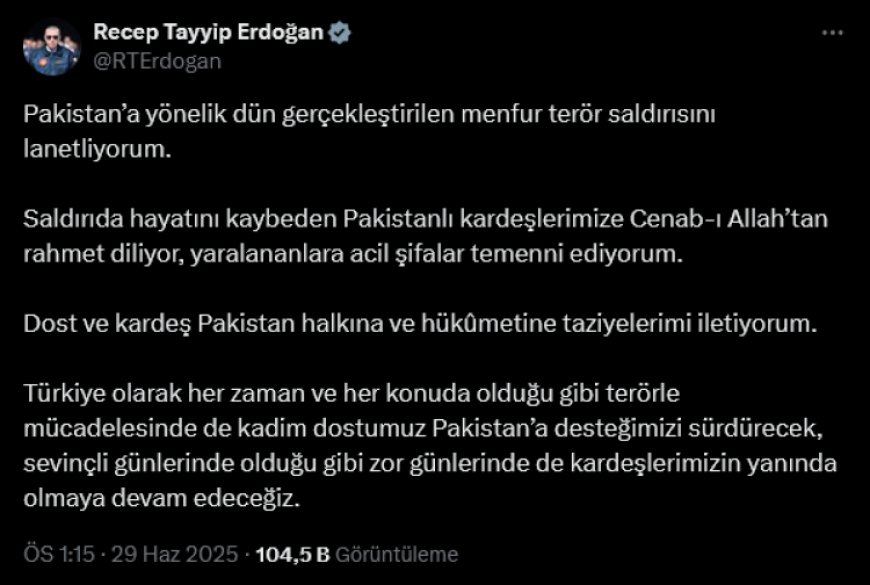 Cumhurbaşkanı Erdoğan’dan Pakistan’daki terör saldırısına kınama