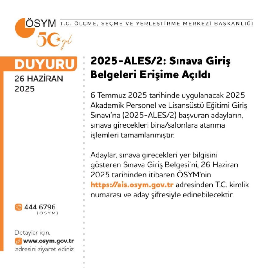 2025-ALES/2 sınava giriş belgeleri yayımlandı