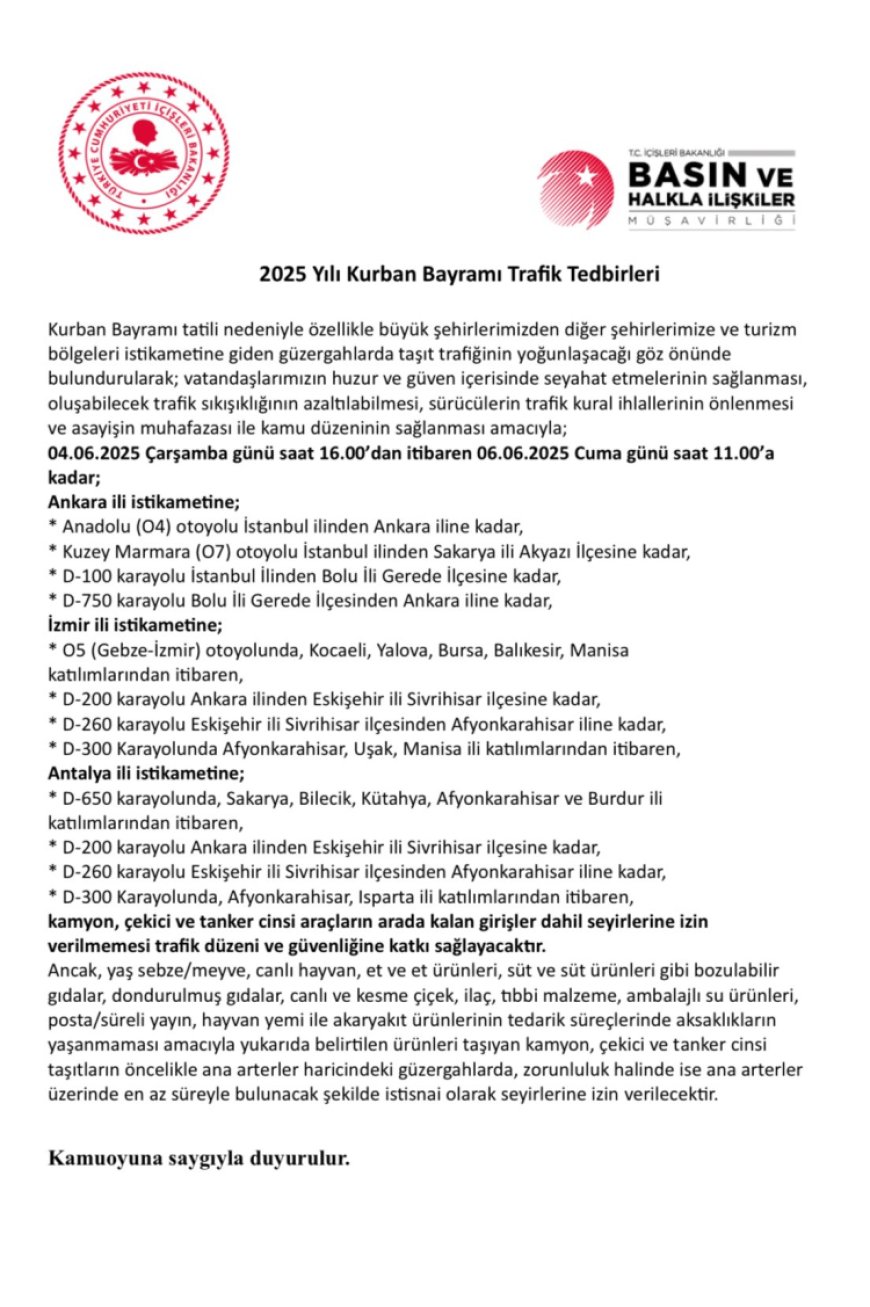 Kamyon ve tankerlere kısıtlama başladı! 6 Haziran’a kadar sürecek