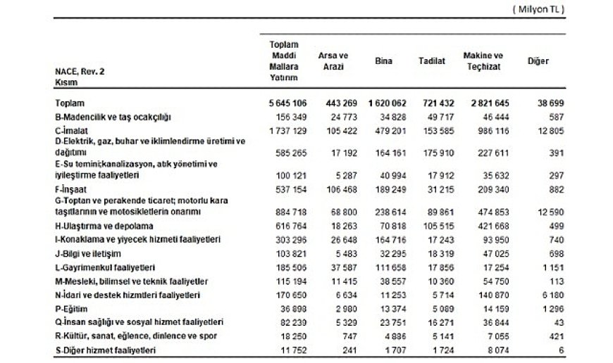 Yıllık Sanayi ve Hizmet İstatistikleri Yatırım Harcamaları, 2024