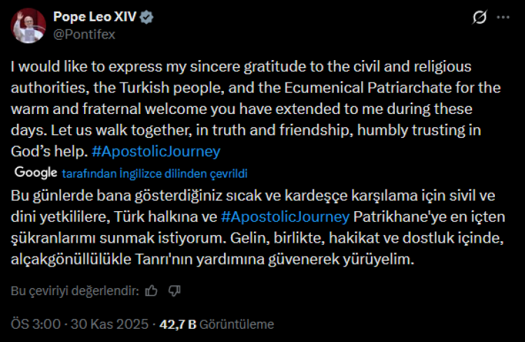 Papa 14. Leo İstanbul’dan Beyrut’a uçtu… 4 günlük Türkiye programı sona erdi